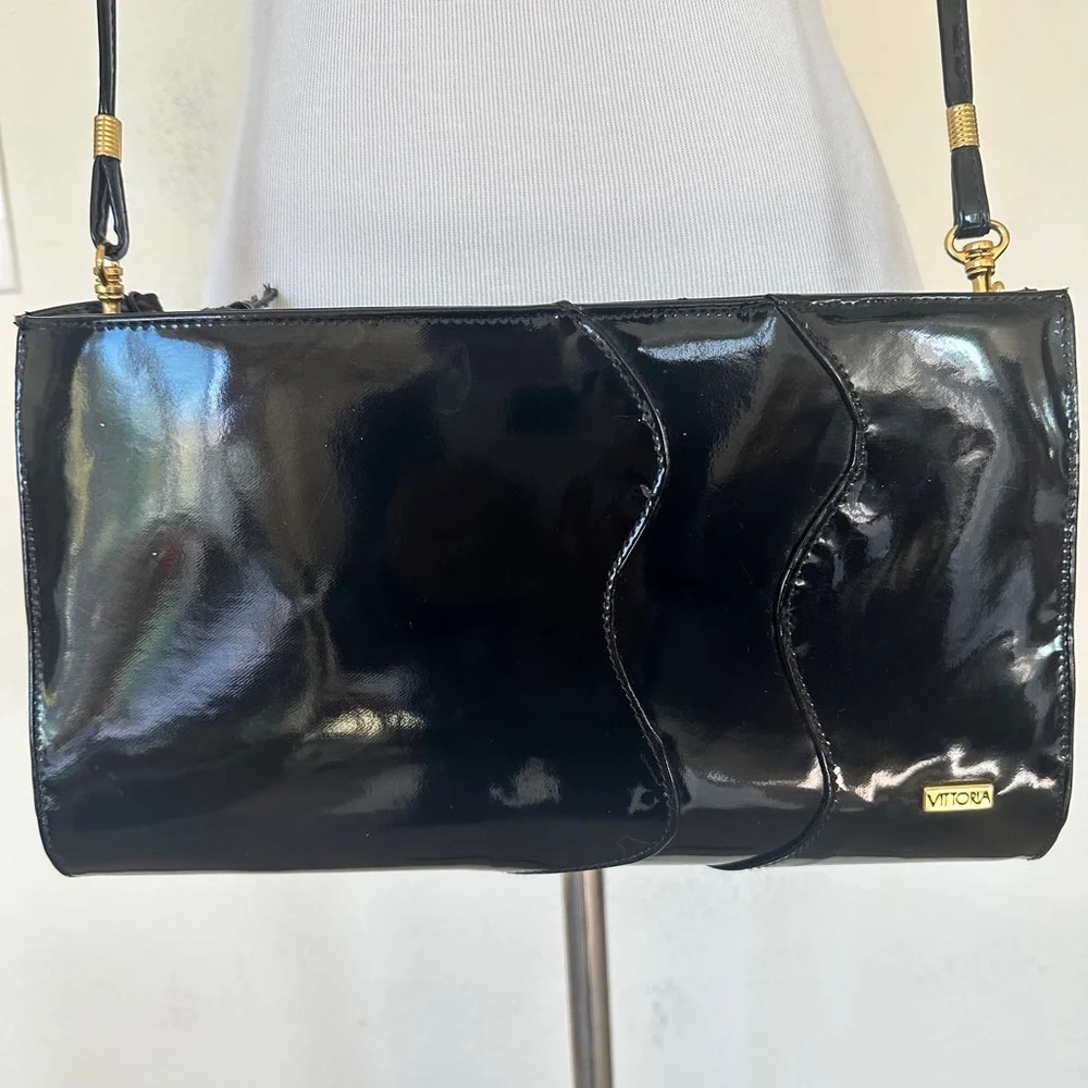 Vintage Italian Vittoria Crossbody Glossy Retro Black Purse
